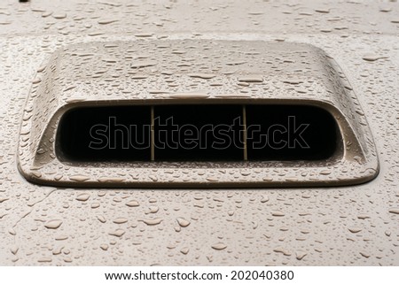 Car hood with water drops.