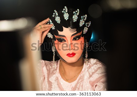 Bangkok, Thailand - January 13, 2016 : Actor prepares  for Chinese opera. Chinese opera is an ancient drama in musical way on January 13, 2016 in Bangkok, Thailand.