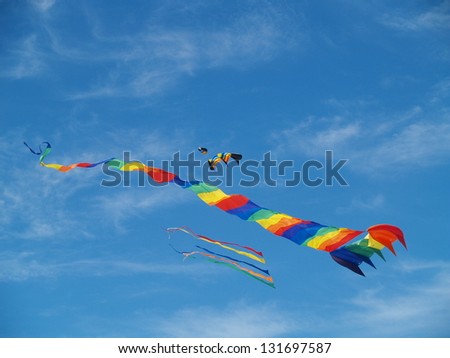 Various Colorful Kites Flying in a Bright Blue Sky at the Long Beach Kite Festival