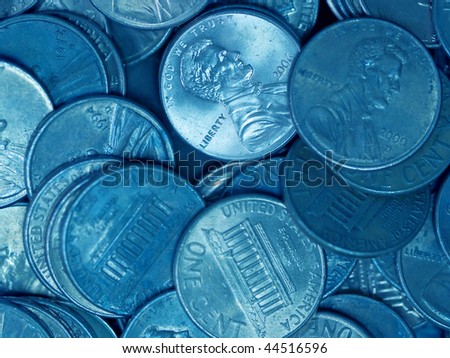 Pile of United States Coins Bluetone Pennies