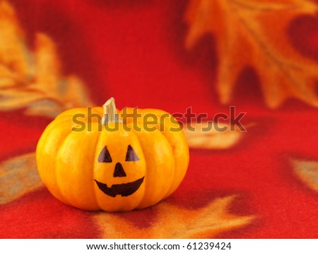 Mini Pumpkins with Funny Faces on a Red Autumn Cloth Background
