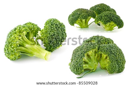 Three Images of Fresh, Raw, Green Broccoli Pieces, Cut and Ready to Eat Isolated on White