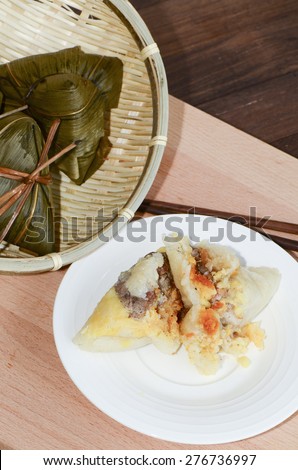 Homemade sticky rice dumpling with generous fillings / Rice dumplings or chang / Chang  are eaten by the Chinese during the Duanwu festival