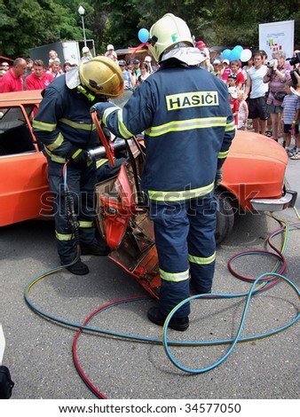 OLOMOUC, CZECH REPUBLIC - JUNE 1 : Local authority personnel demonstrate rescue operation activity at local fair June 1, 2008 in Olomouc, Czech Republic.