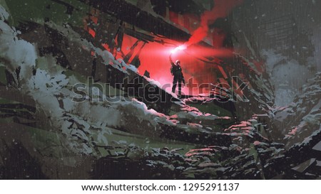 apocalypse world concept showing the man holding a red smoke flare in the destroyed building, digital art style, illustration painting