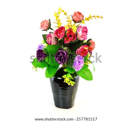 Colorful flower bouquet in vase isolated on white background
