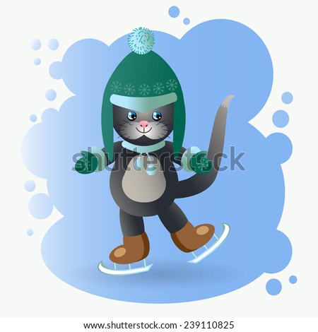 Vector, illustration, funny animal cat wearing a hat, scarf, mittens, on skates