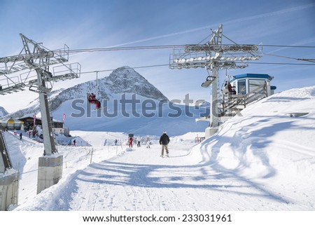 Hintertux Glacier with gondolas, ski runs and pistes in Ziilertal Alps. Austria