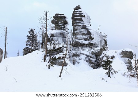 Winter landscape with rock in Sumava, Czech republic