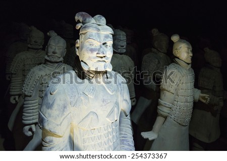Prague, Czech Repoublic- 5 February 2015: The famous Chinese terracotta army figures are exhibited in Prague.The figures date back to 210 BC and belong to China\'s most important discoveries.