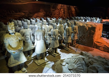 Prague, Czech Repoublic- 5 February 2015:The famous Chinese terracotta army figures are exhibited in Prague.The figures date back to 210 BC and belong to China\'s most important discoveries.