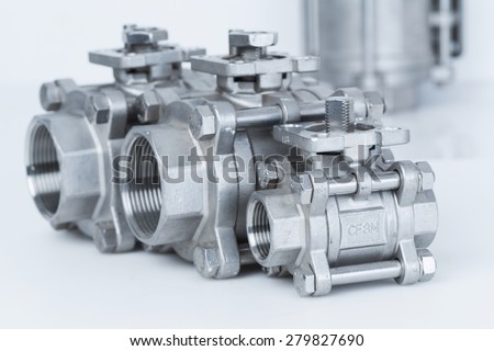 Group 3 valves, different sizes, ball valve with selective focus on thread fittings