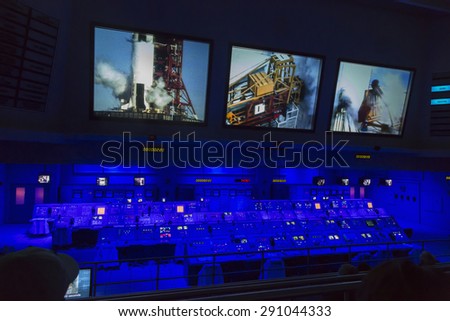 CAPE CANAVERAL, November 1th, 2014.  The NASA\'s Control Station displaying control panels, countdown clocks and communication devices at Kennedy Space Center in Florida.