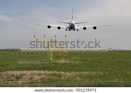Aircraft landing on the runway  in Prague