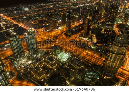 Dubai Night View. Panoramic view from Burj Khalifa tower.