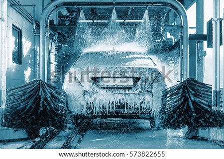 car wash, Automatic car wash in action, blue colored, Car concept. Wash car. Technology.