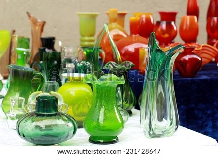 colorful glass vases at the flea market/colorful glass vases at the flea market