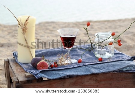 red wine ont the beach - picnic in Scandinavian style / picnic in Scandinavian style
