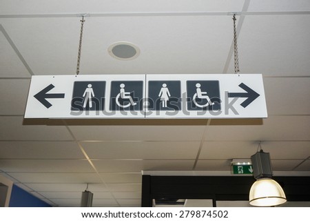 Signs and indications of male female toilets, restroom with disabled access