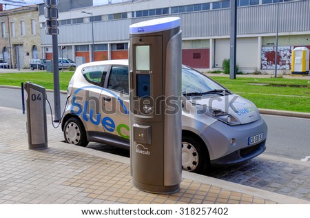 Bordeaux, France, September 19, 2015: New electric car, no pollution, to rent in Bordeaux city, France