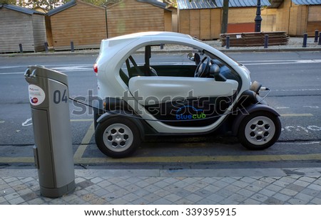 Bordeaux, France, November 15, 2015: New one place mini compact electric car, no pollution, to rent in Bordeaux city, France