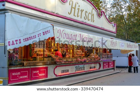 BORDEAUX, FRANCE, November 15, 2015 : Food trucks sweets, candies and nougats at the fair at Place Quinconces