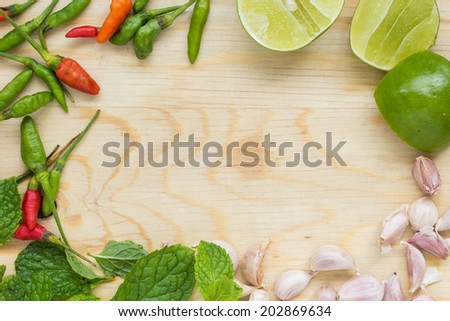Chili, lemon, garlic and mint are ingredient of Thai food.