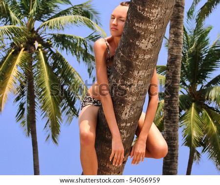Woman hangs and relaxes to the palm tree after work in the office