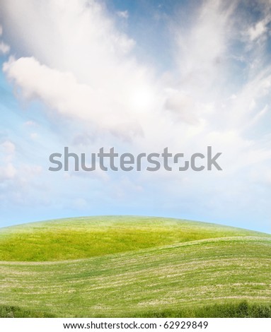 Landscape with green grass and clouds