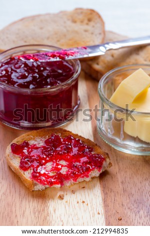 Breakfast set with bread, redcurrant jam and butter