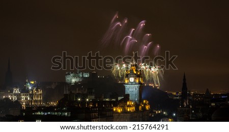 Edinburgh, Scotland, UK - SEPTEMBER 1: Edinburgh Castle during Virgin Money Fireworks Concert on September 1, 2013 in Edinburgh, Scotland.