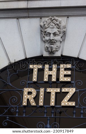 London, England, UK - OCTOBER 19: Famous Hotel Ritz sign by the hotel entrance on October 19, 2013 in London, England