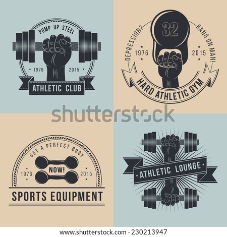 Hand with dumbbells. Logos for sport athletic club. Coat of Arms for the gym or sports shop. In old school style .