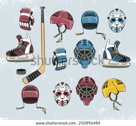 Hockey equipment in a classic retro style. Stick, helmet, hockey gloves, goalie mask, puck, skates. Background separate group - can be easily removed.