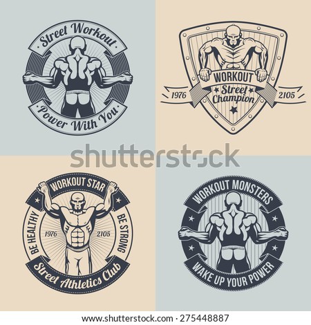 Emblem street workout club. Logos fitness club, a gym, with the image of athlete. Logo with a muscular athlete. Text can be replaced.