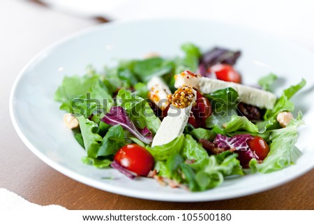 A fresh salad made of mixed lettuces, cherry tomatoes, nuts, goat cheese and dijon mustard on top. Shallow depth of field on the mustard topping.