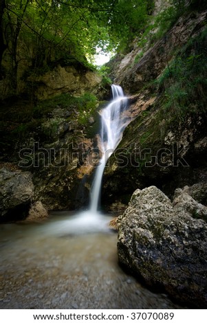 A waterfall falling into a natural pool with rocks moss and and green leaves