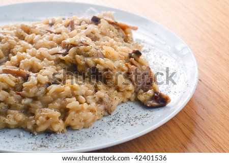 A course of Italian Risotto with Porcini Mushrooms with parsley and grated parmiggiano cheese sprinkled on top, served on a white plate over a wooden table.