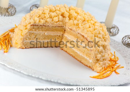 Mimosa cake made of sponge cake, cream patisserie, whipped cream and orange flavored. Decorated with small cubes of spongecake all over. Shallow depth of field on cake center
