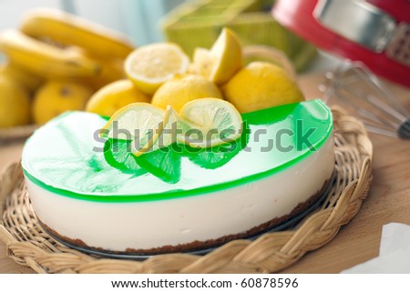 A no bake ricotta and lemon cheesecake with fresh fruits and shallow depth of field on the dessert
