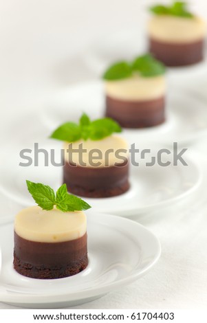 A no bake 3 Chocolates Cheesecakes with fresh mint buds and shallow depth of field on the dessert