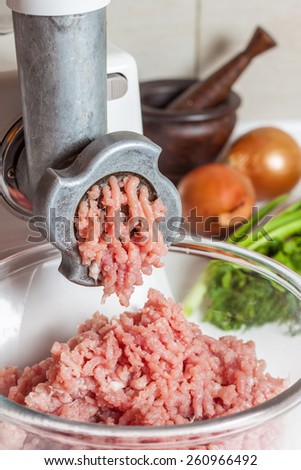 Home meat grinder scrolls minced beef and pork