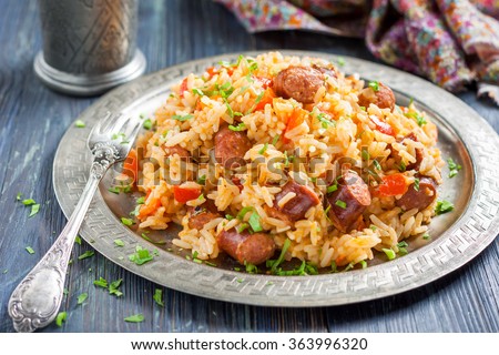 Jambalaya. Spicy rice with smoked sausage and red pepper