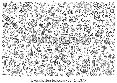 Sketchy vector hand drawn doodles cartoon set of Space objects and symbols
