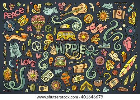 Colorful vector hand drawn Doodle cartoon set of hippie objects and symbols