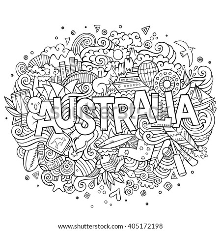 Australia country hand lettering and doodles elements and symbols background. Vector hand drawn sketchy illustration