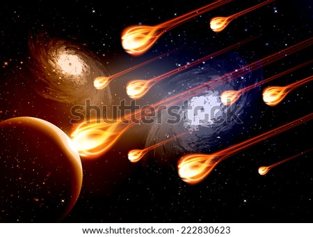 Stars of a planet and galaxy in a free space meteor meteorite fire on dark blue orange background Stars of a planet and galaxy in a free space meteor meteorite fire on dark blue orange background