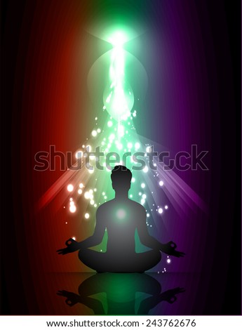 man meditate abstract green red purple radius light background, yoga.