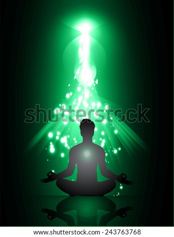man meditate abstract green radius light background, yoga.