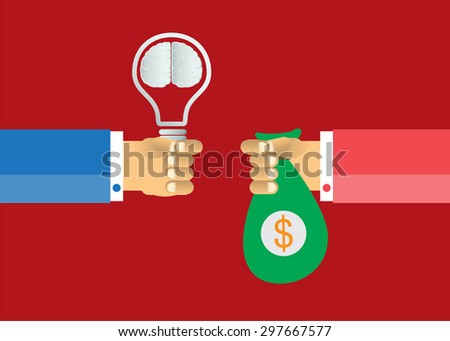 Exchange light bulb idea and money. business idea concept. vector. infographics. money bag. brain. red background.